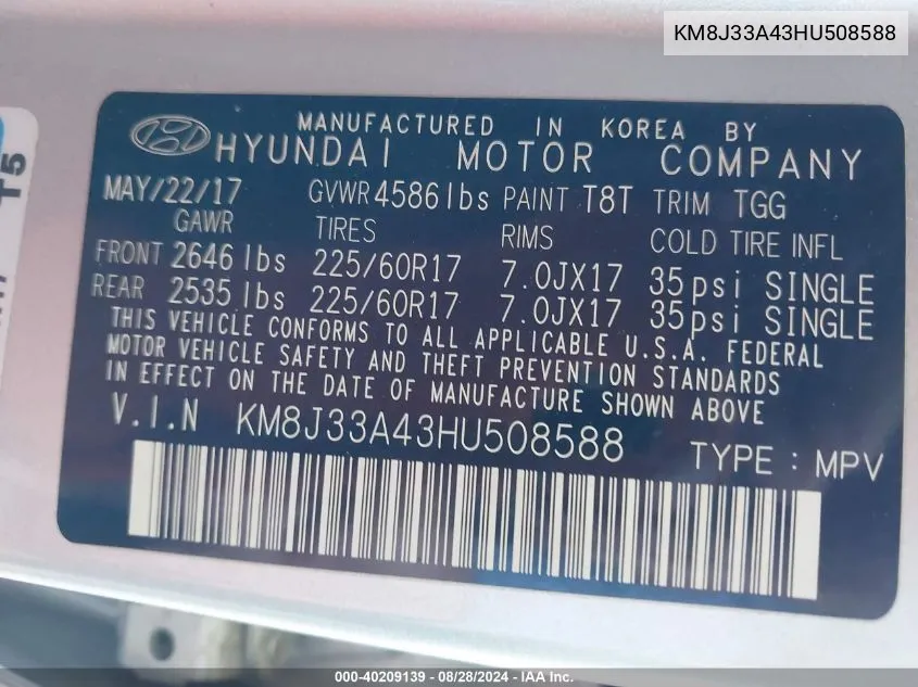 KM8J33A43HU508588 2017 Hyundai Tucson Se