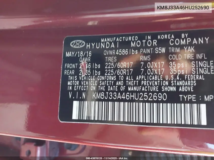 KM8J33A46HU252690 2017 Hyundai Tucson Se
