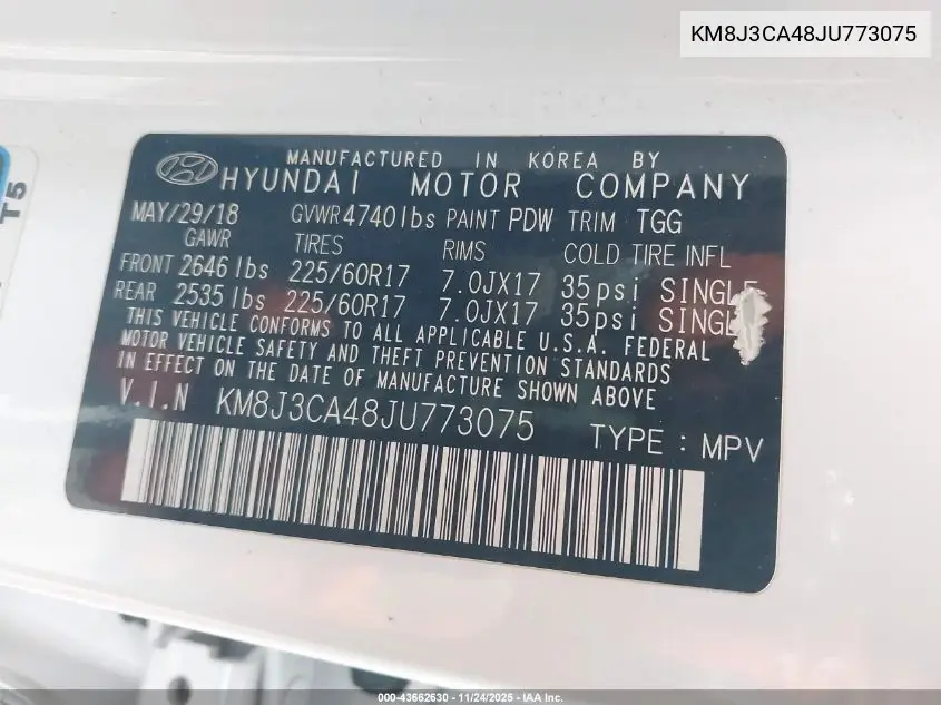 KM8J3CA48JU773075 2018 Hyundai Tucson Sel