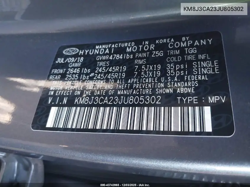 KM8J3CA23JU805302 2018 Hyundai Tucson Value