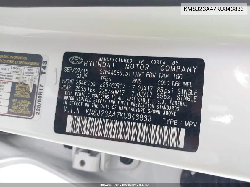 KM8J23A47KU843833 2019 Hyundai Tucson Se