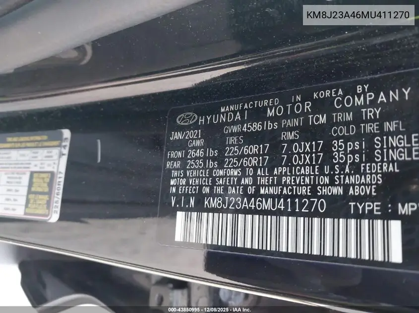KM8J23A46MU411270 2021 Hyundai Tucson Se