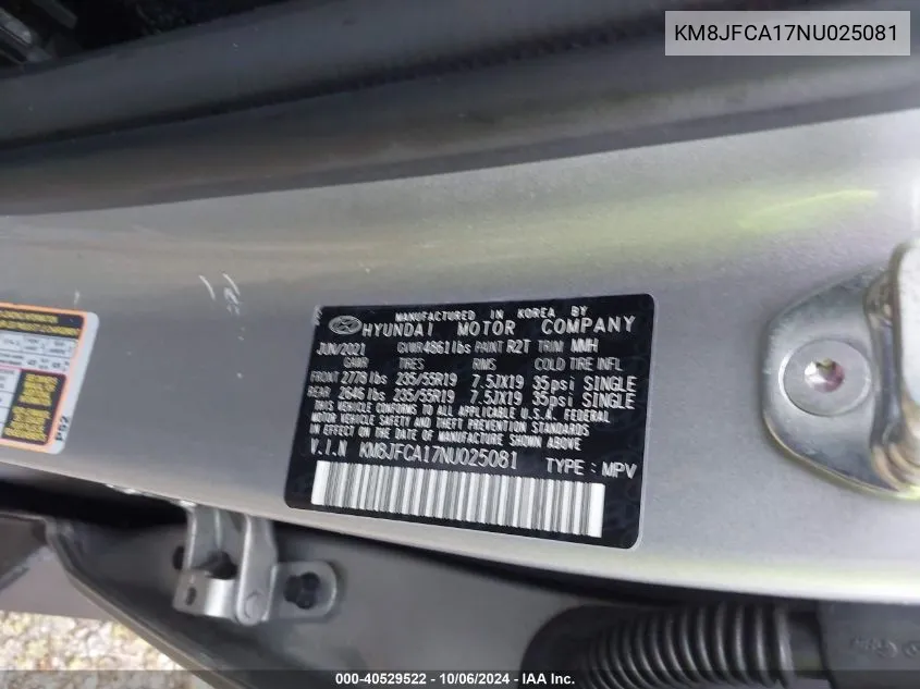 KM8JFCA17NU025081 2022 Hyundai Tucson Hybrid Sel Convenience