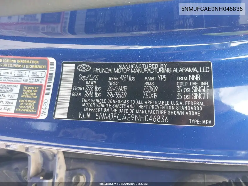5NMJFCAE9NH046836 2022 Hyundai Tucson Sel