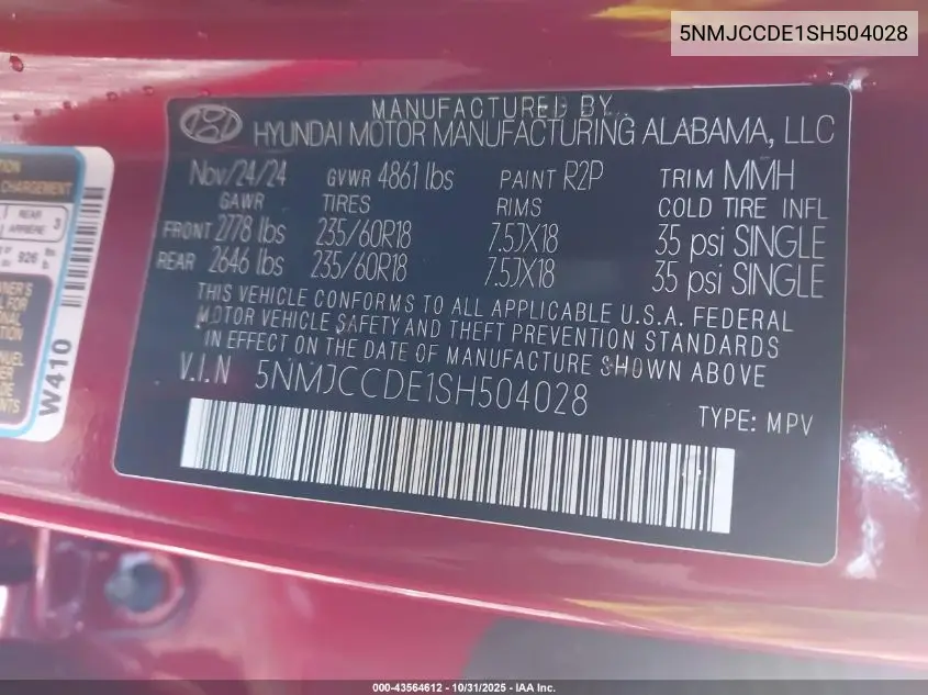 5NMJCCDE1SH504028 2025 Hyundai Tucson Sel Convenience