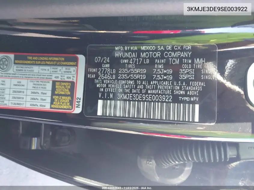 3KMJE3DE9SE003922 2025 Hyundai Tucson Limited