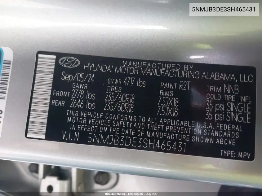 5NMJB3DE3SH465431 2025 Hyundai Tucson Sel