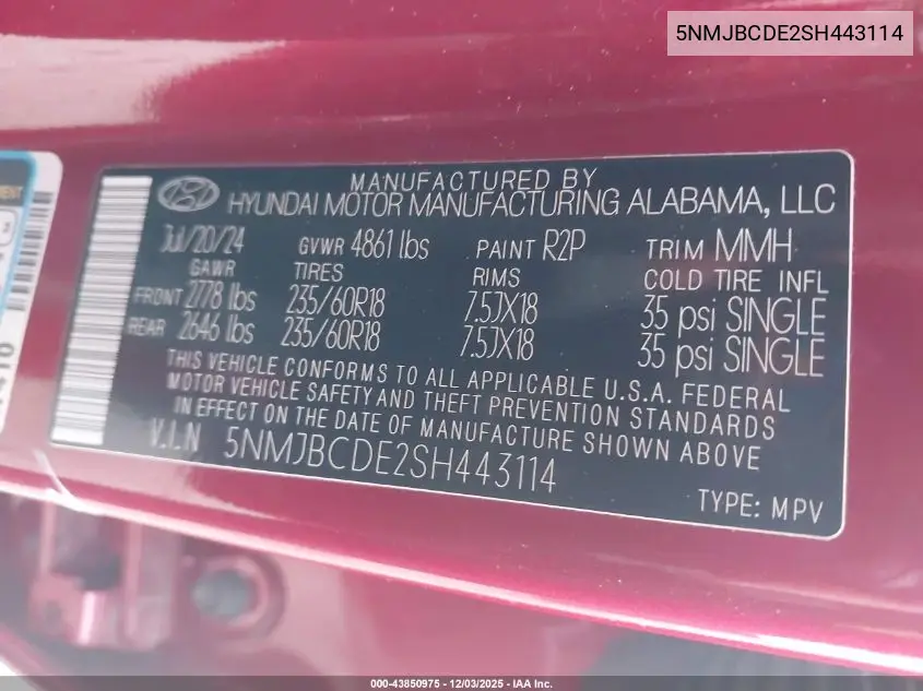 5NMJBCDE2SH443114 2025 Hyundai Tucson Sel