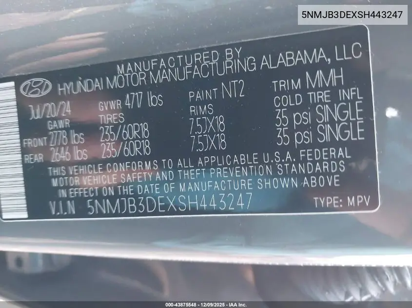 5NMJB3DEXSH443247 2025 Hyundai Tucson Sel