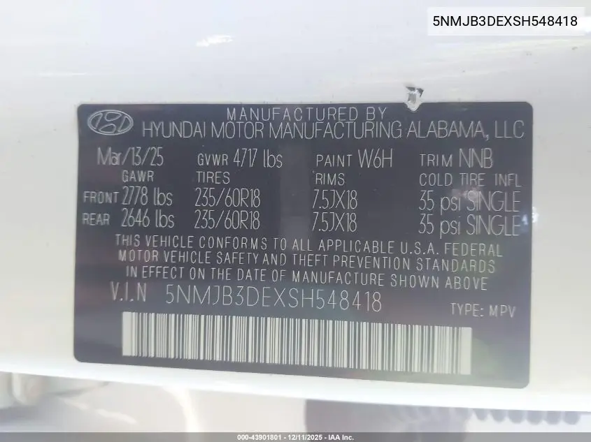5NMJB3DEXSH548418 2025 Hyundai Tucson Sel