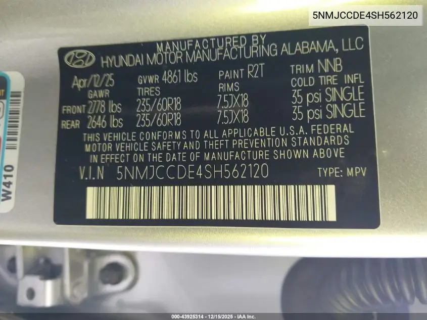 5NMJCCDE4SH562120 2025 Hyundai Tucson Sel Convenience