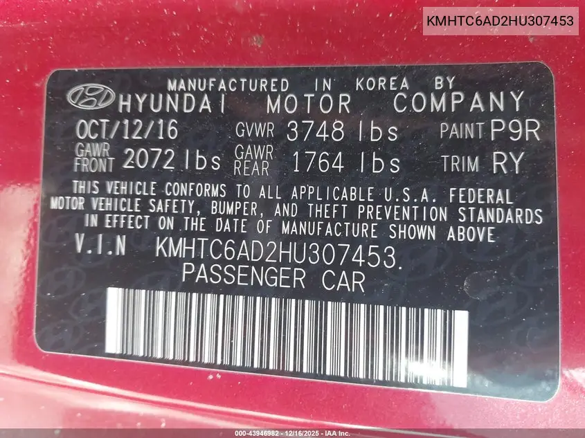 KMHTC6AD2HU307453 2017 Hyundai Veloster
