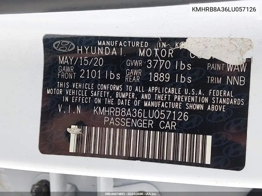 KMHRB8A36LU057126 2020 Hyundai Venue Se