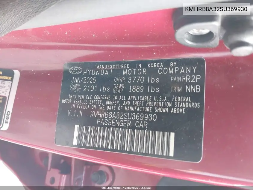 KMHRB8A32SU369930 2025 Hyundai Venue Se