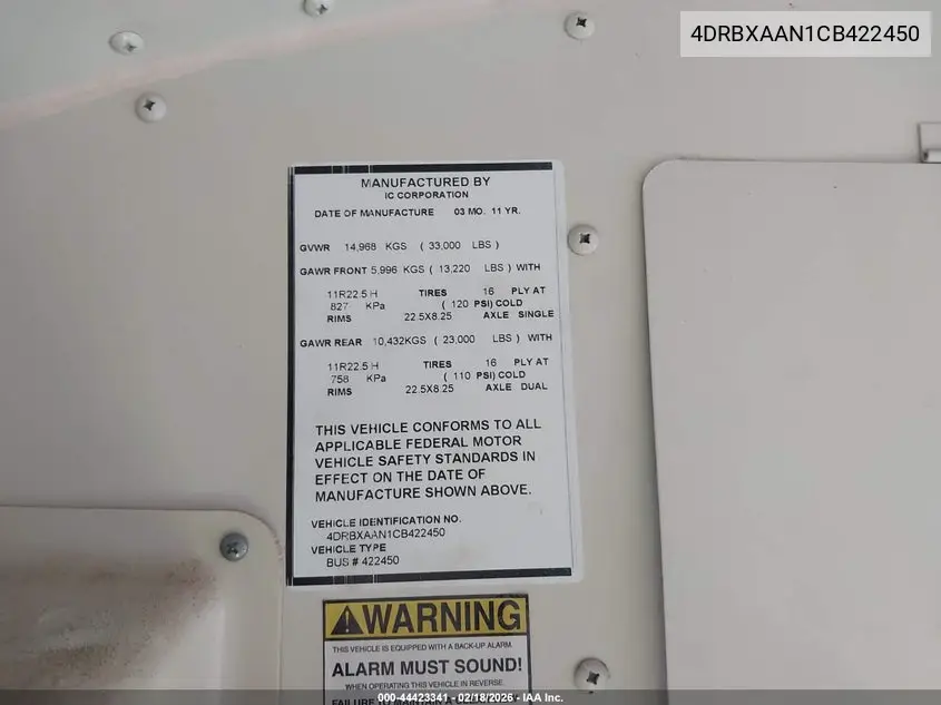 2012 Ic Corporation 3000 Series VIN: 4DRBXAAN1CB422450 Lot: 44423341