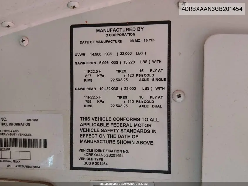2016 Ic Corporation 3000 Re VIN: 4DRBXAAN3GB201454 Lot: 45035459