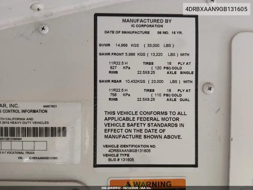 2016 Ic Corporation 3000 Re VIN: 4DRBXAAN9GB131605 Lot: 45127712
