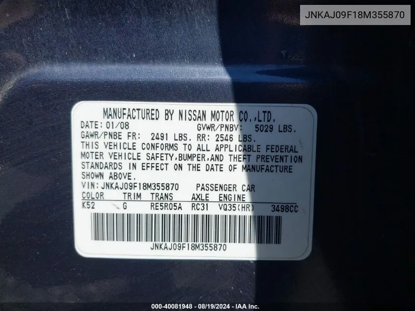 JNKAJ09F18M355870 2008 Infiniti Ex35 Journey