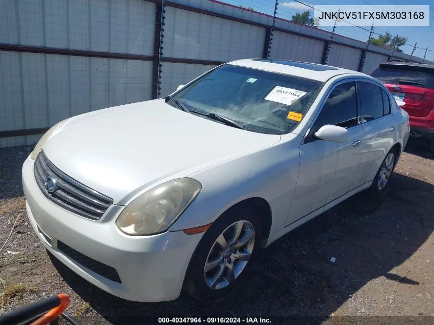 2005 Infiniti G35X VIN: JNKCV51FX5M303168 Lot: 40347964