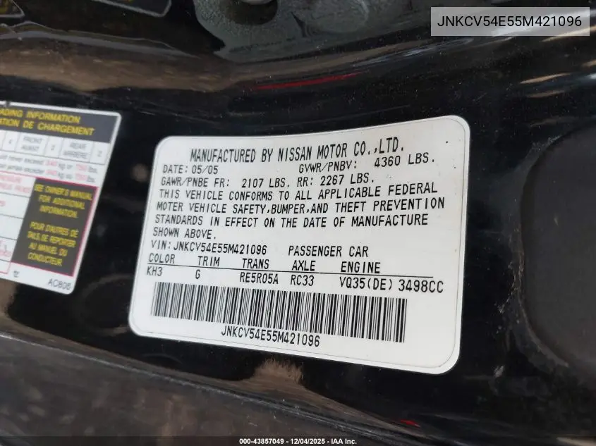 JNKCV54E55M421096 2005 Infiniti G35