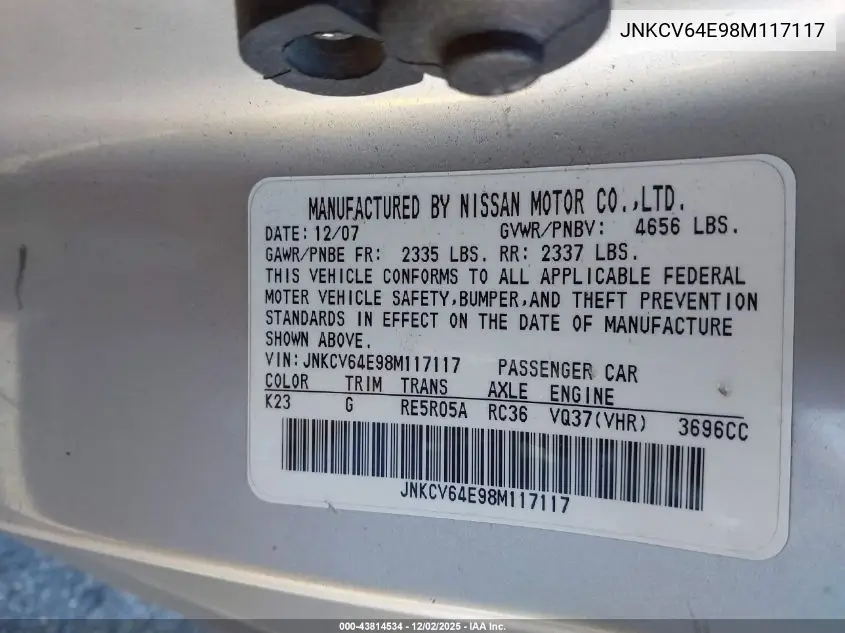 JNKCV64E98M117117 2008 Infiniti G37 Journey