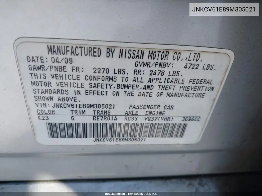 JNKCV61E89M305021 2009 Infiniti G37 Journey