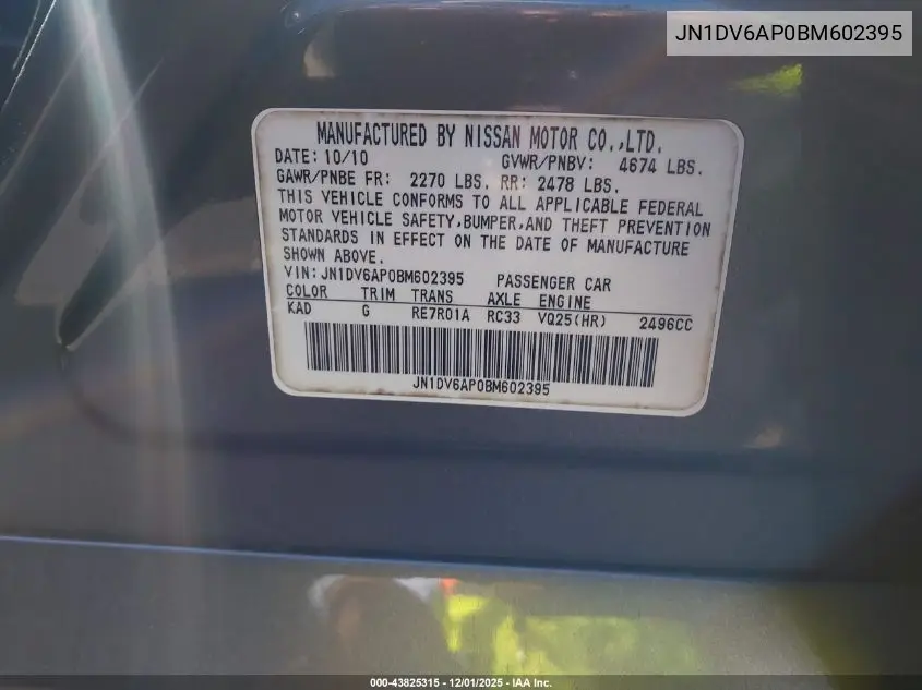 JN1DV6AP0BM602395 2011 Infiniti G25 Journey