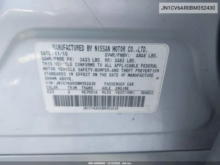 JN1CV6AR0BM352430 2011 Infiniti G37X