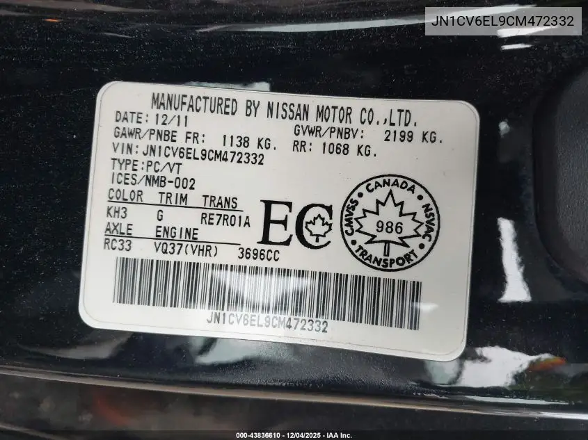 JN1CV6EL9CM472332 2012 Infiniti G37X