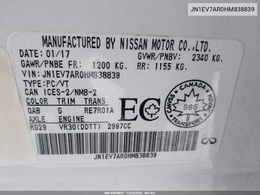 JN1EV7AR0HM838839 2017 Infiniti Q50 3.0T Premium/3.0T Signature Edition/3.0T Sport