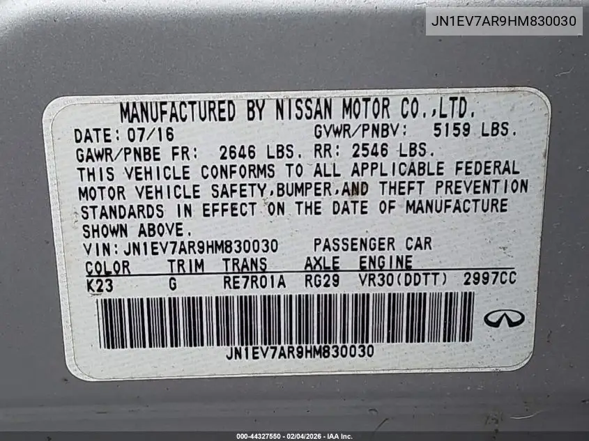 JN1EV7AR9HM830030 2017 Infiniti Q50 3.0T Premium