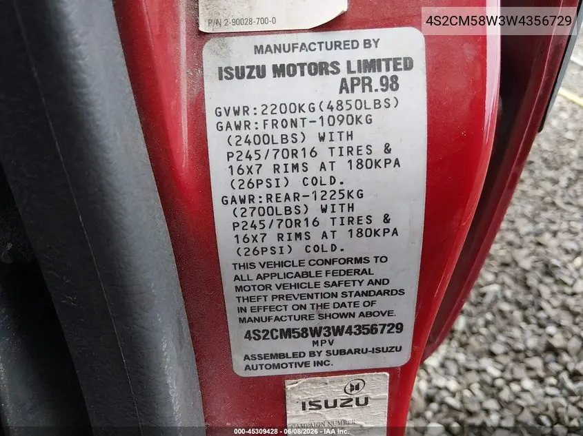 1998 Isuzu Rodeo Ls/S VIN: 4S2CM58W3W4356729 Lot: 45309428