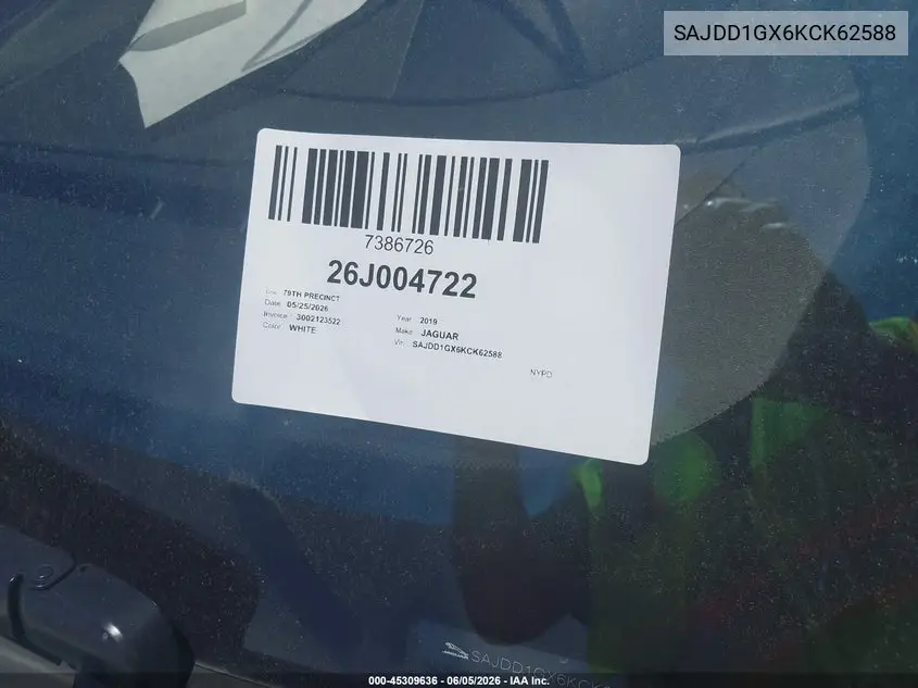 2019 Jaguar F-Type P300 VIN: SAJDD1GX6KCK62588 Lot: 45309636