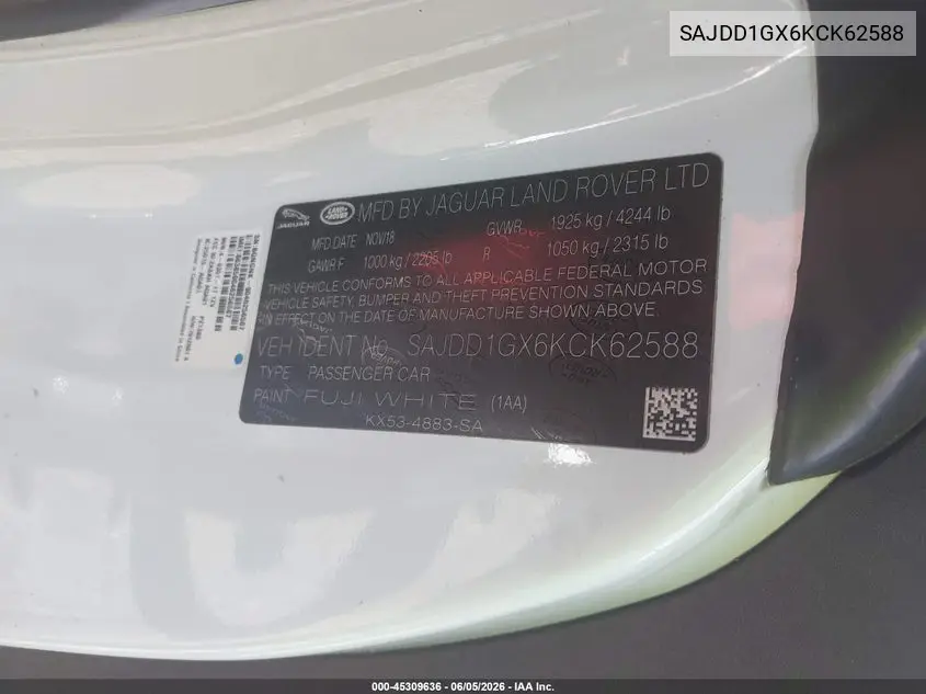 2019 Jaguar F-Type P300 VIN: SAJDD1GX6KCK62588 Lot: 45309636