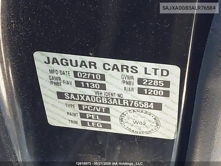 2010 Jaguar Xf Premium VIN: SAJXA0GB3ALR76584 Lot: 12618973x