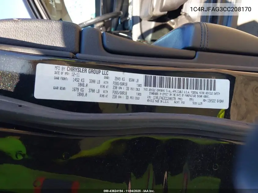 1C4RJFAG3CC208170 2012 Jeep Grand Cherokee Laredo