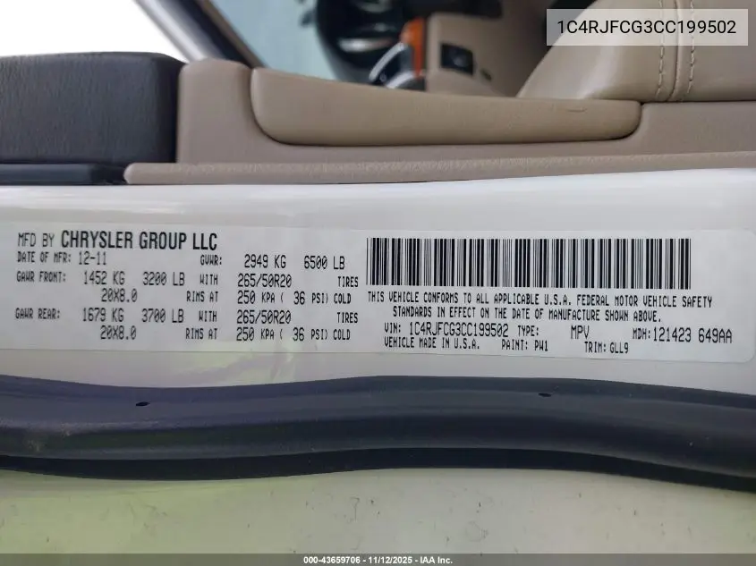 1C4RJFCG3CC199502 2012 Jeep Grand Cherokee Overland