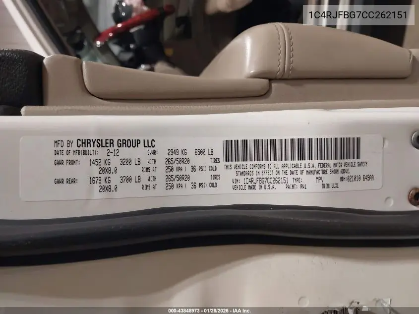 1C4RJFBG7CC262151 2012 Jeep Grand Cherokee Limited