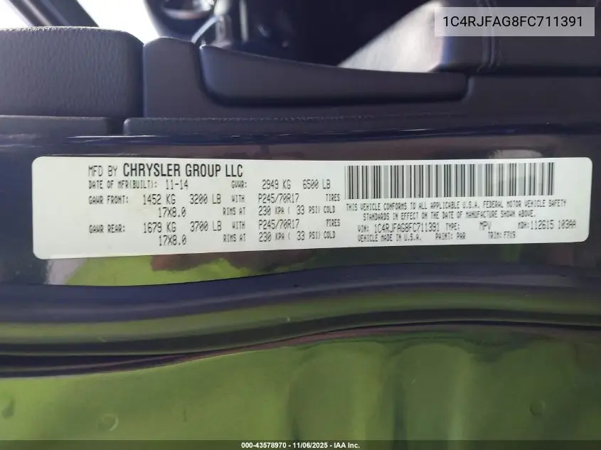 1C4RJFAG8FC711391 2015 Jeep Grand Cherokee Laredo
