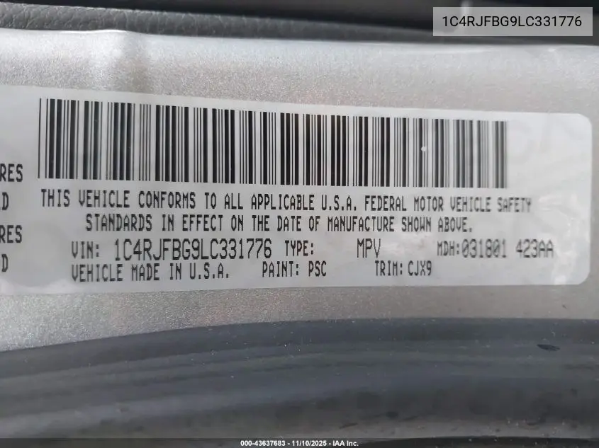 1C4RJFBG9LC331776 2020 Jeep Grand Cherokee Limited 4X4