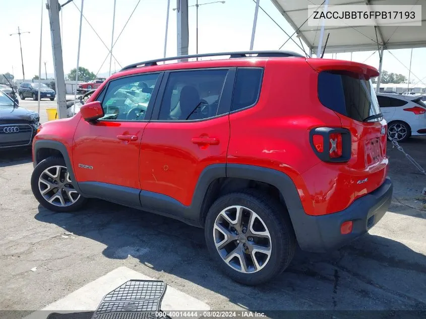 2015 Jeep Renegade Latitude VIN: ZACCJBBT6FPB17193 Lot: 40014444