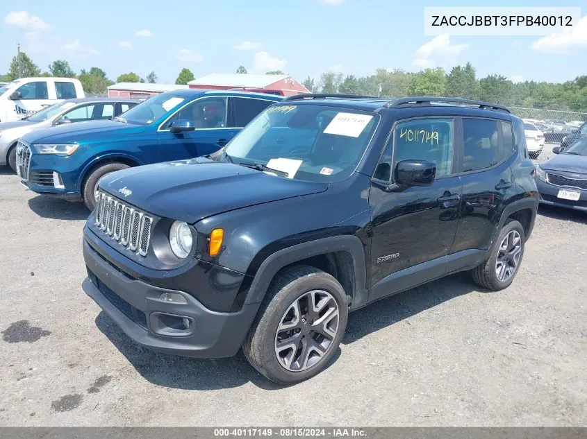 2015 Jeep Renegade Latitude VIN: ZACCJBBT3FPB40012 Lot: 40117149