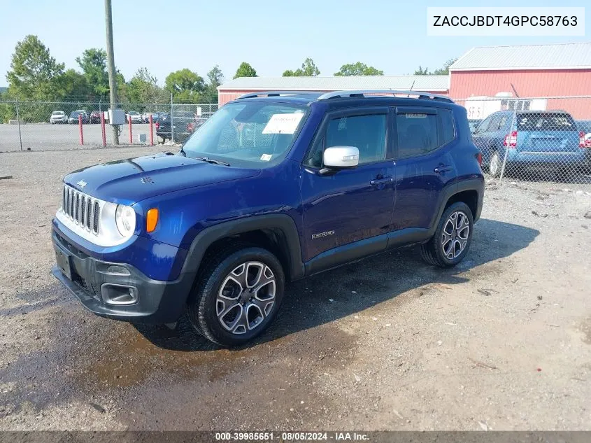 2016 Jeep Renegade Limited VIN: ZACCJBDT4GPC58763 Lot: 39985651