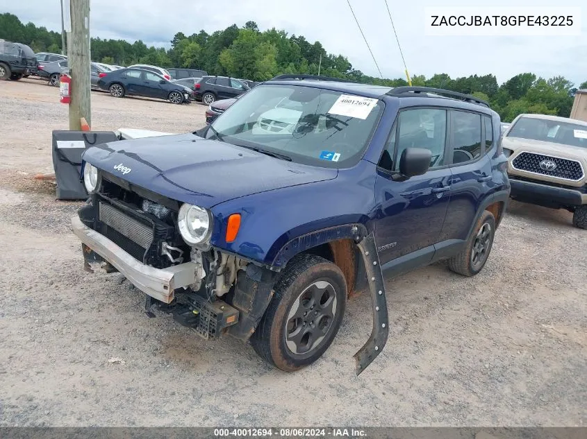 2016 Jeep Renegade Sport VIN: ZACCJBAT8GPE43225 Lot: 40012694