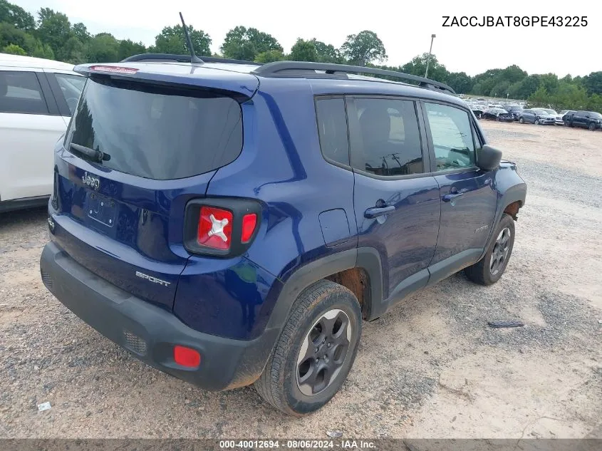 2016 Jeep Renegade Sport VIN: ZACCJBAT8GPE43225 Lot: 40012694