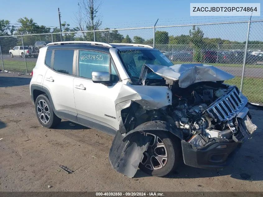 2016 Jeep Renegade Limited VIN: ZACCJBDT2GPC74864 Lot: 40392850