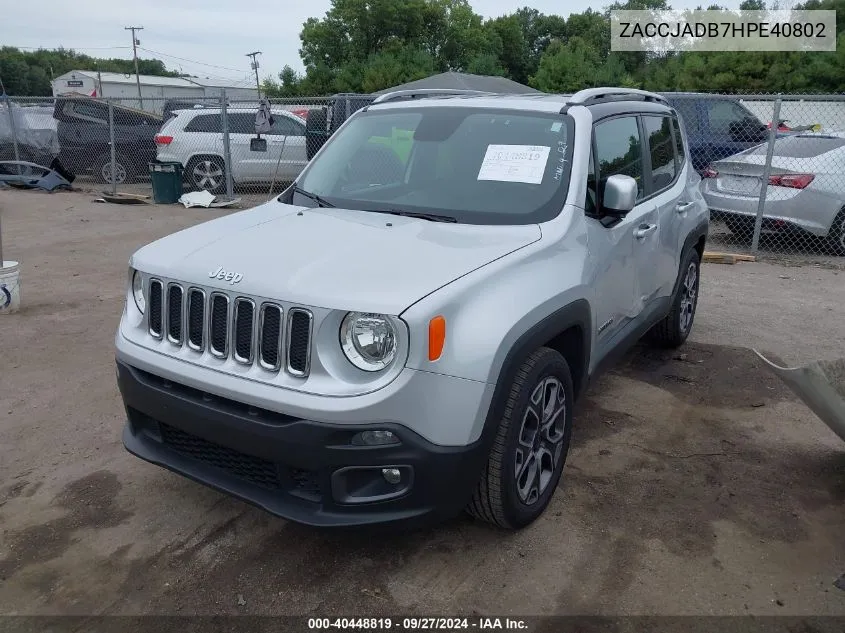 2017 Jeep Renegade Limited VIN: ZACCJADB7HPE40802 Lot: 40448819