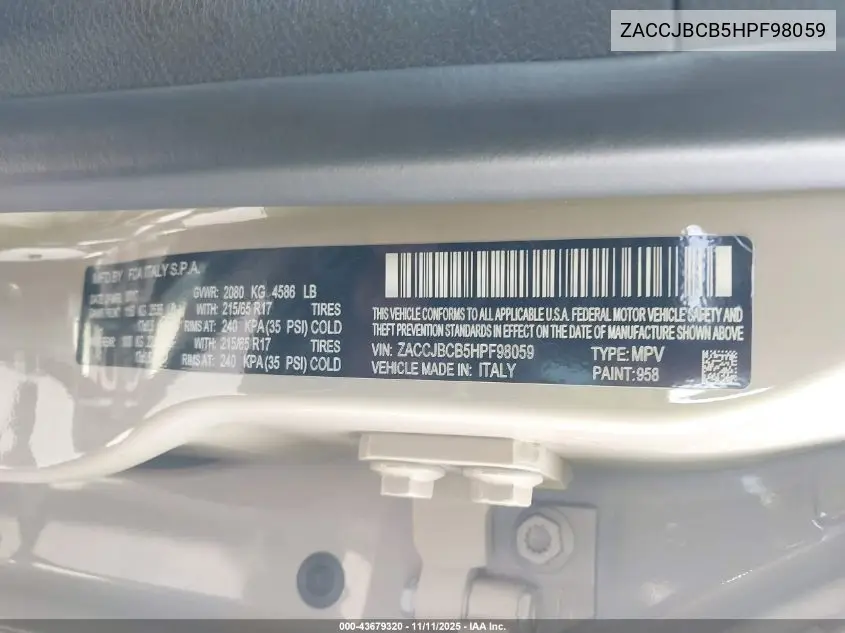 ZACCJBCB5HPF98059 2017 Jeep Renegade Deserthawk 4X4