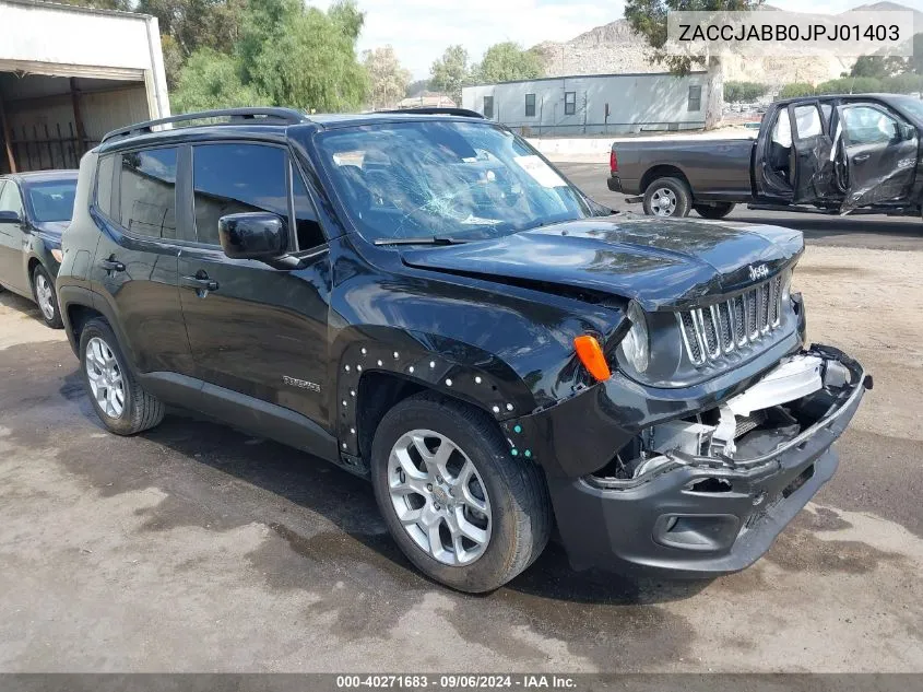 2018 Jeep Renegade Latitude Fwd VIN: ZACCJABB0JPJ01403 Lot: 40271683