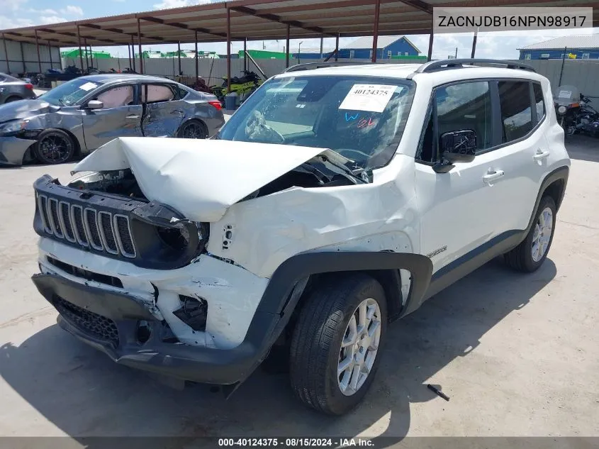 2022 Jeep Renegade Latitude 4X4 VIN: ZACNJDB16NPN98917 Lot: 40124375